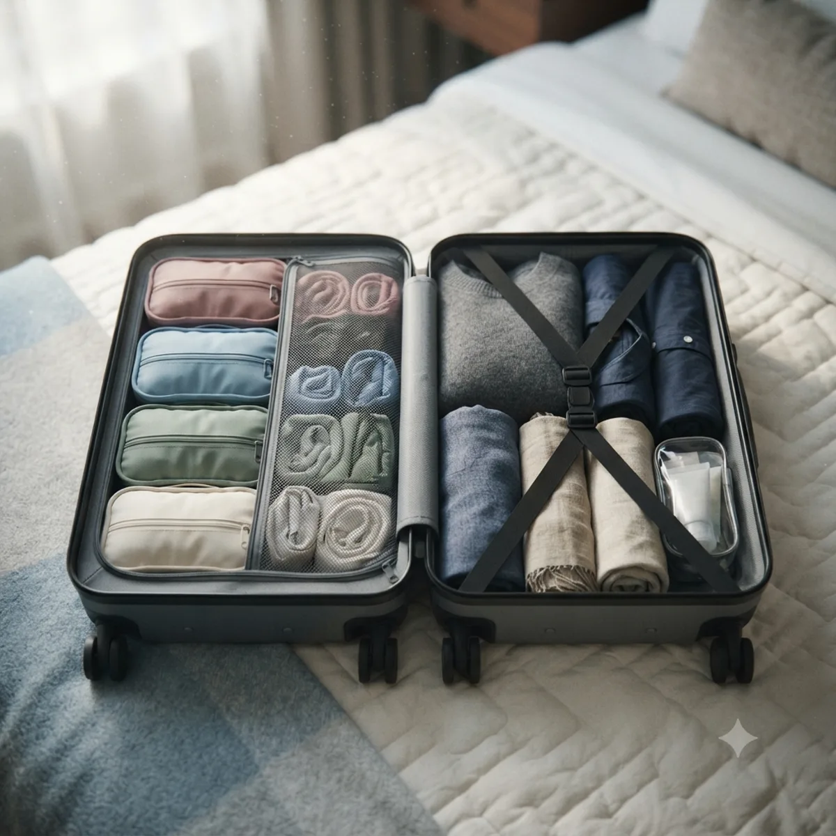 Fabric packing cubes with compression zippers arranged inside an open carry-on suitcase on a bed in warm morning light.