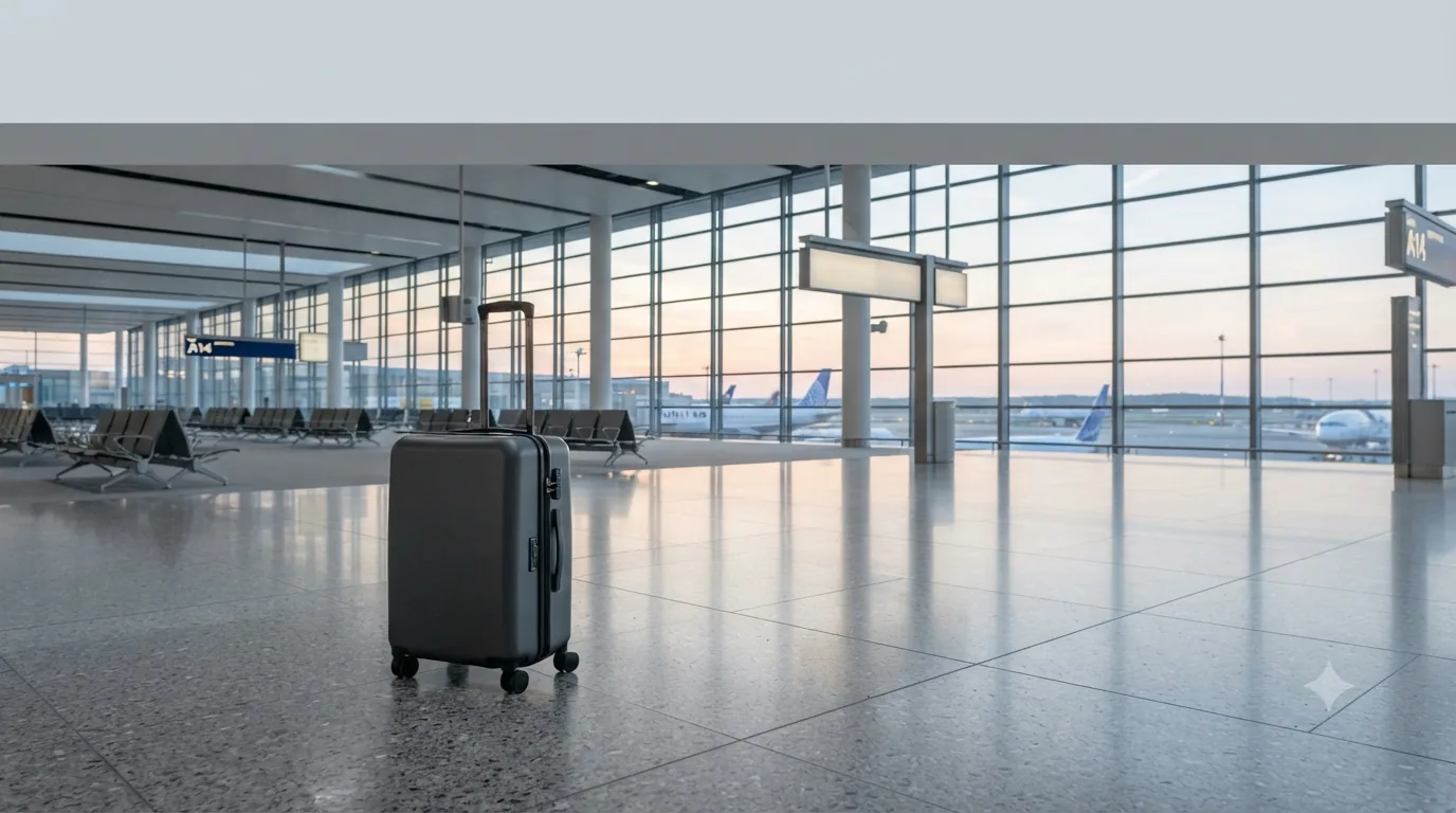A gray hardside spinner suitcase standing upright on the polished floor of an empty airport terminal, with rows of seating behind it and parked aircraft visible through floor-to-ceiling windows at dawn.