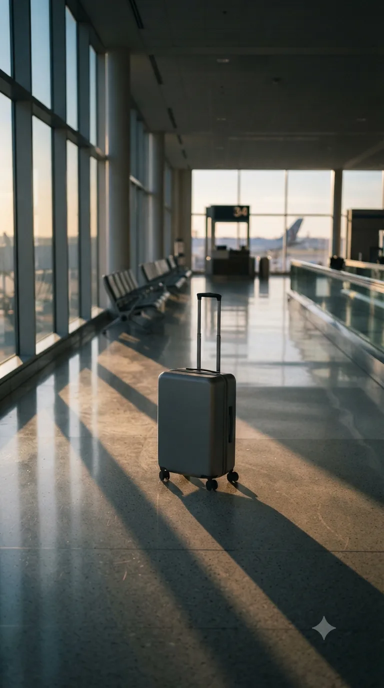A hardside carry-on suitcase standing alone by a floor-to-ceiling terminal window at dawn, casting a long shadow across the polished floor.